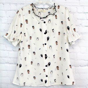 Ruffled Owl Button Down Blouse